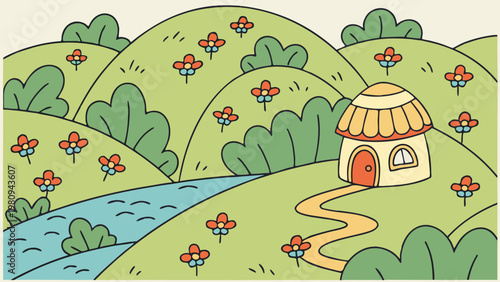 Whimsical house, cartoon landscape, green hills, flowers, river, illustration