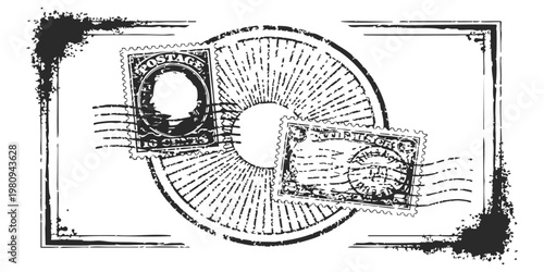 Vintage postage stamps with cancellation marks and circular frame design on a grunge textured background vector illustration