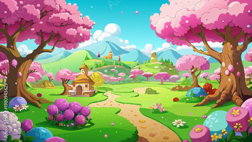 Whimsical Easter landscape, colorful cartoon scenery, blooming trees, fantasy garden, Easter eggs
