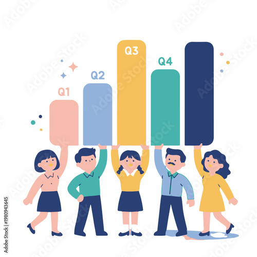 People are holding up a colorful bar chart in a business setting indoors