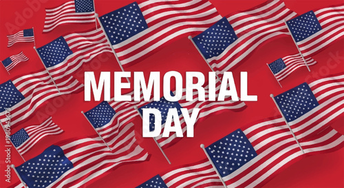 Memorial Day festive background with multiple American flags and red space