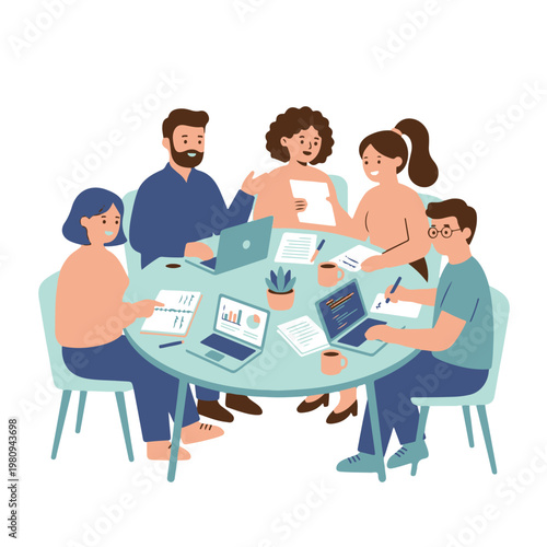 A group of people are sitting around a table working on laptops and papers in an office meeting.