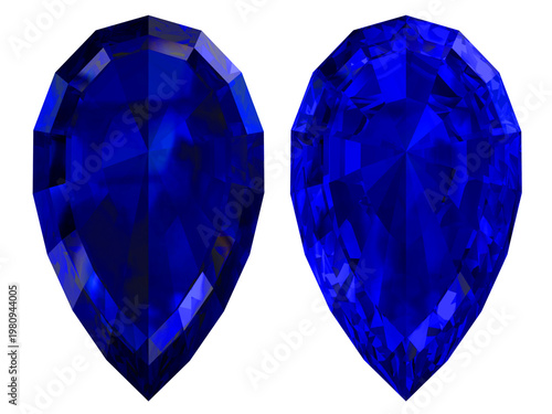 Sapphire Blue Pear-Cut Gemstones – High-Res 3D Render (Pair), Two vivid sapphire-blue, pear-cut gems, faceted and isolated on transparent background—ideal for jewelry branding, luxury graphics.