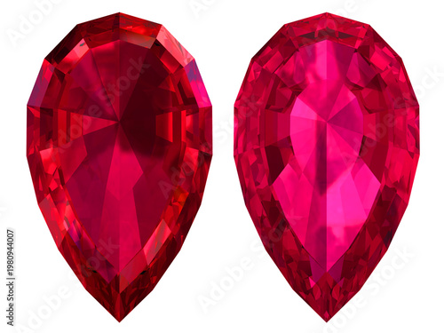 Ruby Red Pear-Cut Gemstones – High-Res 3D Render (Pair), Two vivid ruby-red, pear-cut gems, faceted and isolated on transparent background—ideal for jewelry branding and luxury design projects.