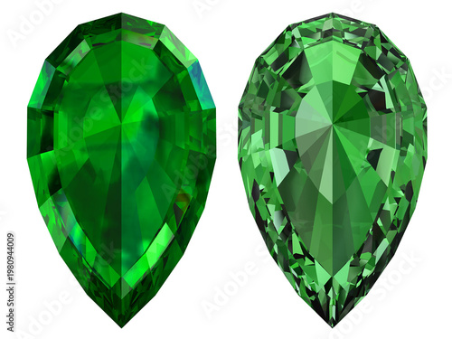 Emerald Green Pear-Cut Gemstones – High-Res 3D Render (Pair), Two vivid emerald-green, pear-cut gems, faceted and isolated on transparent background—perfect for jewelry branding and luxury design.