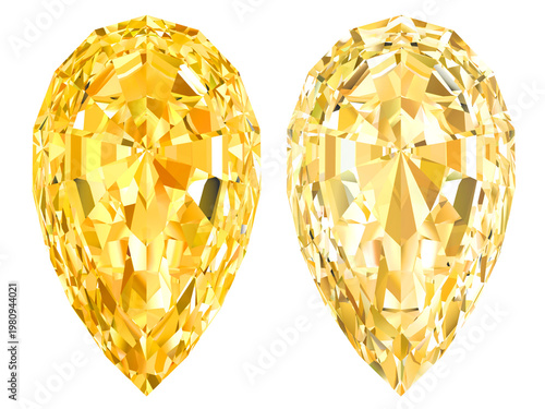Yellow Diamond Pear-Cut Gemstones – High-Res 3D Render (Pair), Two brilliant yellow pear-cut diamonds, faceted and isolated on transparent background—ideal for luxury branding and jewelry design 
