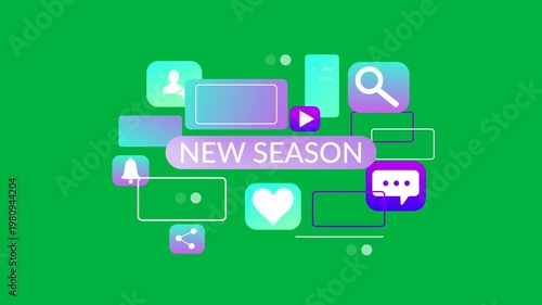 Animation of new season text with digital social icons on white background