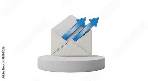 A white envelope with blue arrows rising from it on a round white platform against a black background