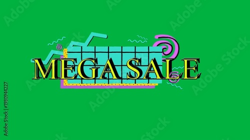 Animation of mega sale text in yellow letters and colorful graphics on white background