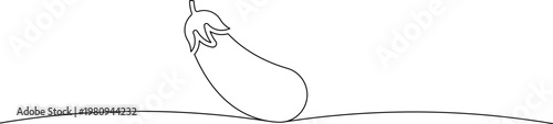 A minimalist line drawing of an eggplant sitting on the ground with a simple landscape background