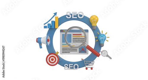 A colorful illustration of SEO concepts and tools on a black background