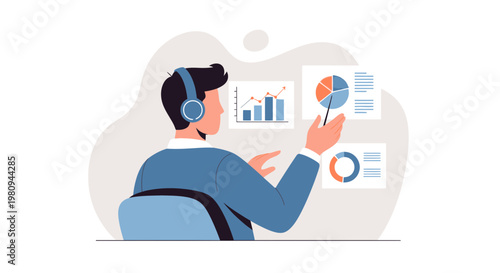 Man with headphones presenting financial charts and graphs on screens, business analytics concept