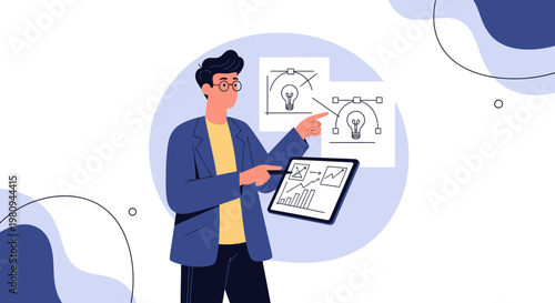 Man presenting business growth and idea generation with charts and graphs on tablet