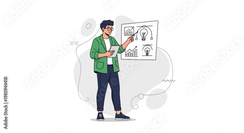 Man presenting business growth and ideas on a whiteboard with charts and lightbulbs