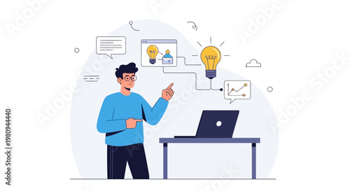 Man pointing to light bulb and laptop, idea generation, business strategy, innovation concept