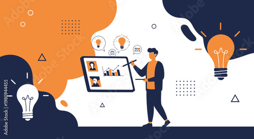 Man presenting business ideas with lightbulbs and charts on tablet, teamwork concept