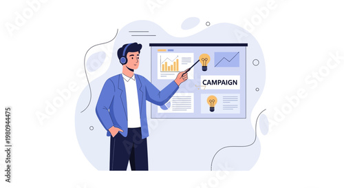 Man Presenting Campaign Strategy with Charts and Ideas on Whiteboard