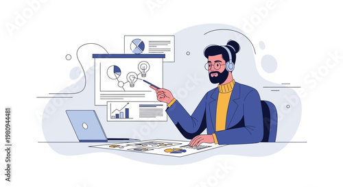 Man presenting business strategy with charts and laptop, online meeting concept