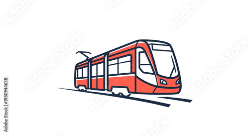 Red Tram Moving Along Railway Tracks.