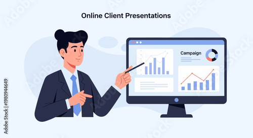 Man presenting online client presentation with charts and graphs on screen