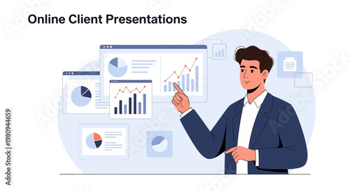 Man presenting online client presentation with charts and graphs