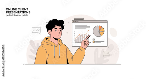 Man presenting online client presentation with charts and pie graph, business concept