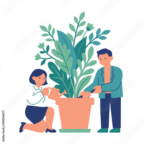 A man and woman are gardening together, nurturing a large potted plant with care and attention.