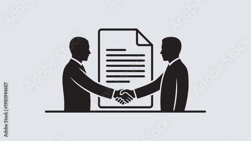 Two businessmen shaking hands in front of a document in a formal agreement