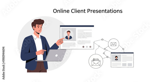 Man presenting online client presentation on laptop, digital communication