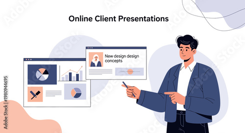 Man presenting online client presentation with charts and graphs on screen