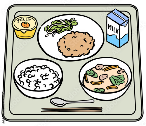 紙パック牛乳と白米の給食メニュー　イラスト