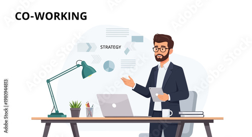 Man presenting strategy in co-working space with laptop and charts