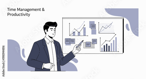 Man presenting time management and productivity charts on a whiteboard