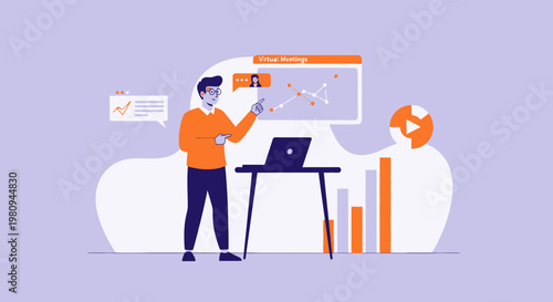 Man presenting virtual meeting analytics and data on screen, online collaboration concept