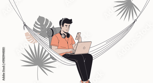 Man Relaxing in Hammock with Laptop and Phone, Tropical Leaves Background