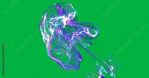 Animation of purple and blue smoke trail with particles on white background
