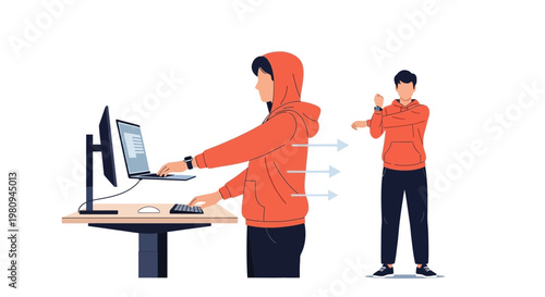 Man stretching at standing desk, healthy work posture, ergonomic office setup