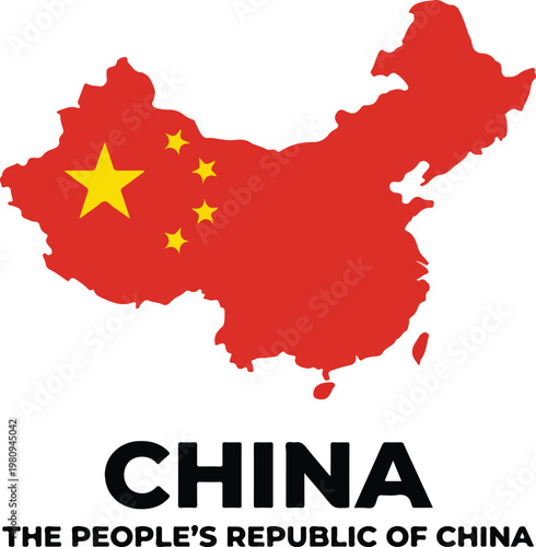 Map of China with its flag, representing The People's Republic of China and its national symbols