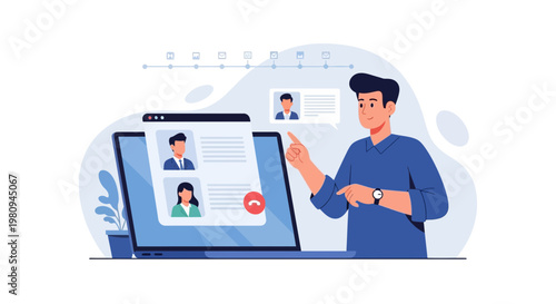 Man using laptop for video call meeting with colleagues, online communication concept