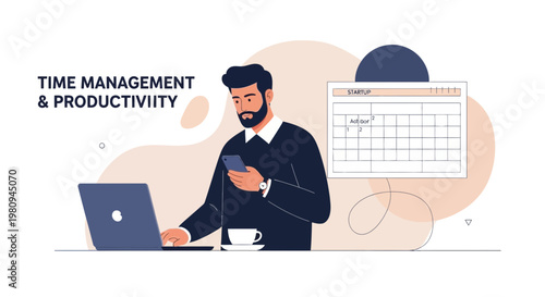 Man using phone and laptop with calendar for time management and productivity concept