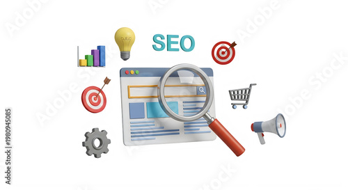 A collection of SEO related icons and symbols surrounding a magnifying glass on a computer screen