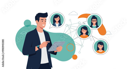 Man using tablet connecting with diverse people in virtual network