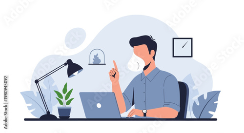 Man wearing mask working on laptop at desk with lamp and plant, remote work concept