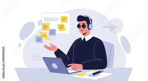 Man with headphones and glasses working on laptop, planning with sticky notes, remote work concept