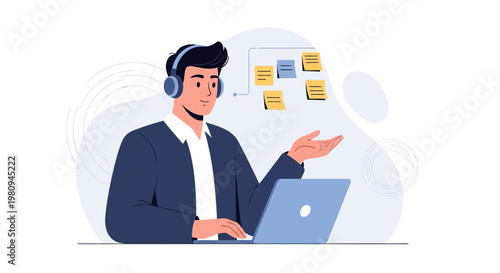 Man with headphones and laptop, planning with sticky notes on wall