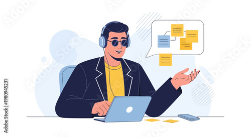 Man with headphones and laptop, planning with sticky notes, online communication concept