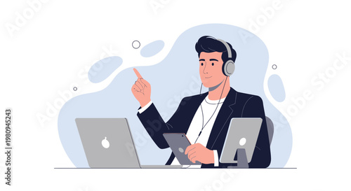 Man with headphones and tablet working on laptop, pointing finger, modern office setup