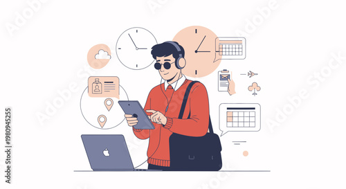 Man with headphones and tablet, surrounded by time and planning icons, working remotely