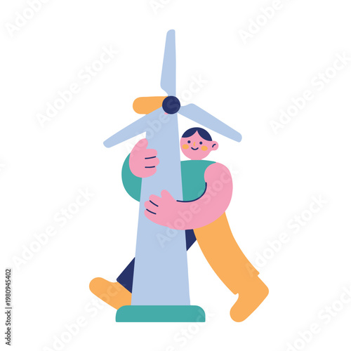 Person hugging a large wind turbine with a happy face outdoors