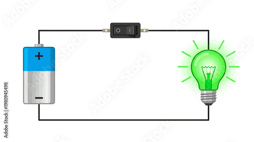 Simple electric circuit diagram with battery and toggle switch connected to a glowing green light bulb, concept for eco energy education, sustainable power and green technology innovation